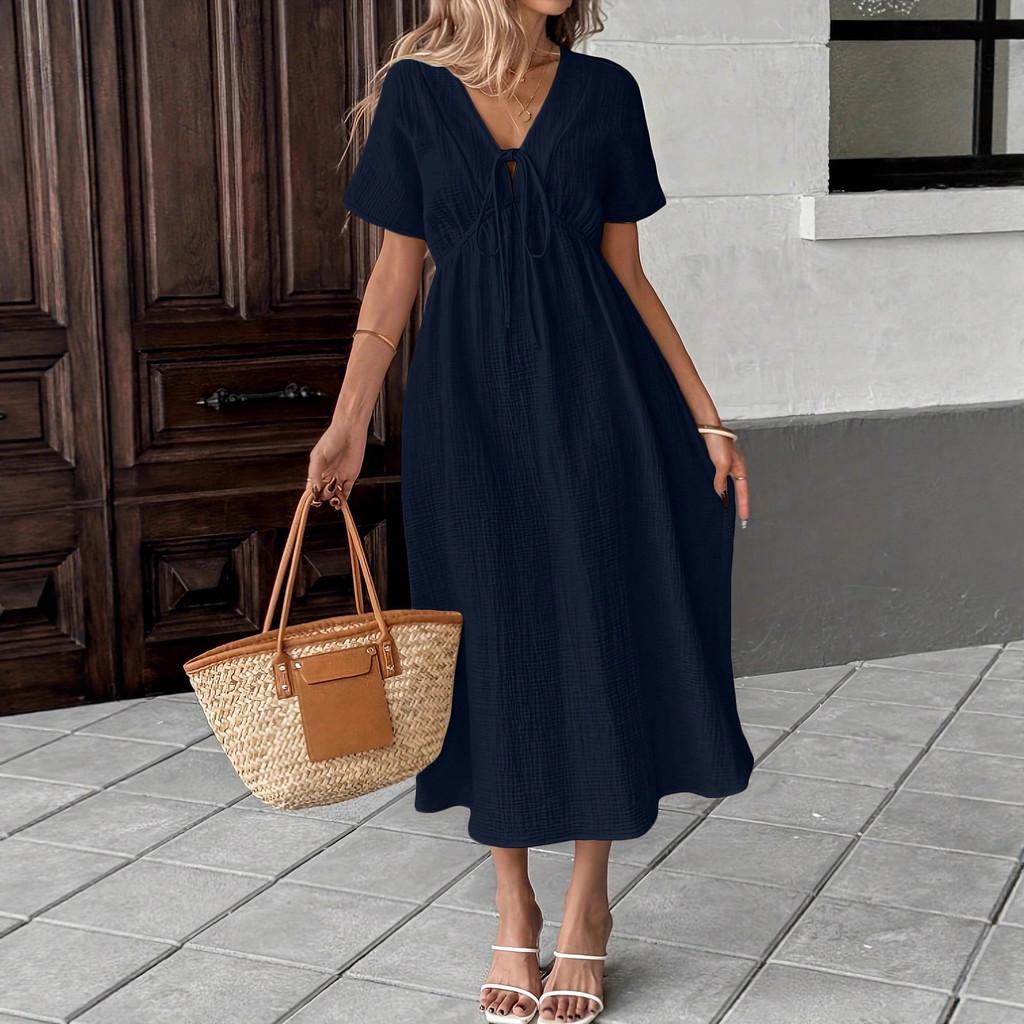 Bohemian Style Deep V Dress With Cross Tie For Casual Summer Wear