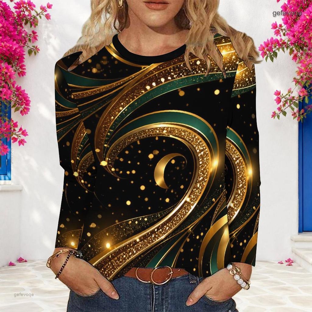 Plus Size Women Long Sleeve Shirt Abstract Glitter Gold Green Swirl Print Crew Neck Casual Loose Pullover Blouse
