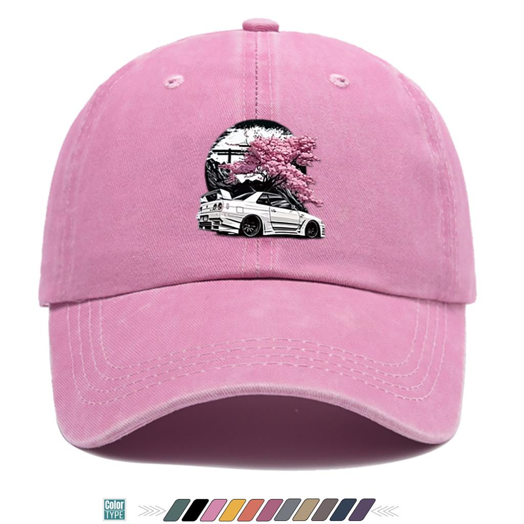 pc Cherry Blossom White Sports Car Print Baseball Cap Adjustable Snapback Hat Suitable for Streetwear Car Culture Road Tr