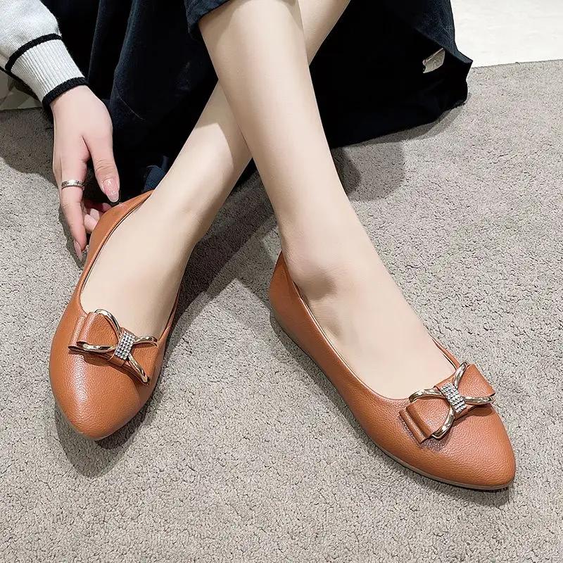 Fashion Women's Flat Shoes Low Heel Elegant Ladies Footwear Pointed Toe with Bow Chic Point Non Slip Comfortable Luxury Brand Dress On
