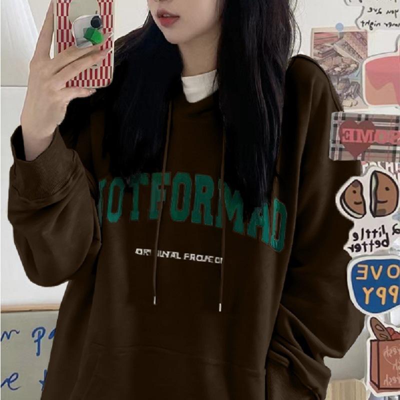 Padded Hooded Sweatshirt Female Autumn and Winter Loose Letter Printing Student Jacket Long-sleeved Tops Fashion Retro Versatile Sweatshirt