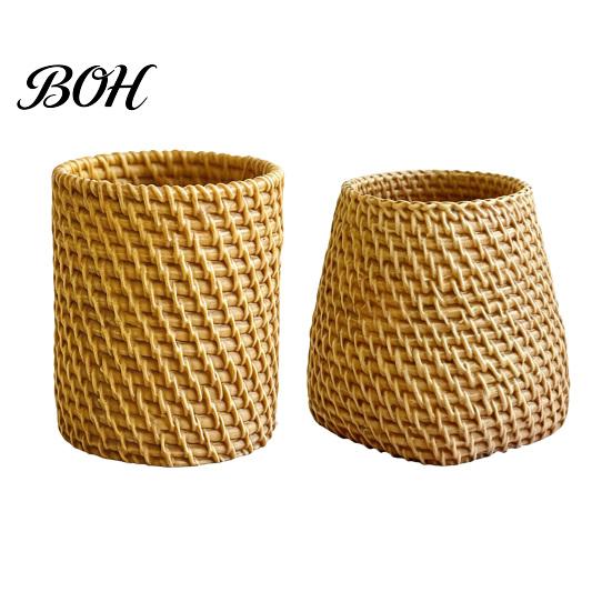 Pen Storage Container Faux Rattan Holder, Woven Style Makeup Brush Boho Office Desk Organizer Desktop Organizer, Multi-functional Resin Pencil Cup for