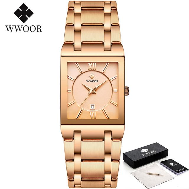 WWOOR Brand Luxury Gold Bracelet Men's Watches Fashion Square Quartz Wrist Watch For Men Stainless Steel Waterproof Reloj Hombre