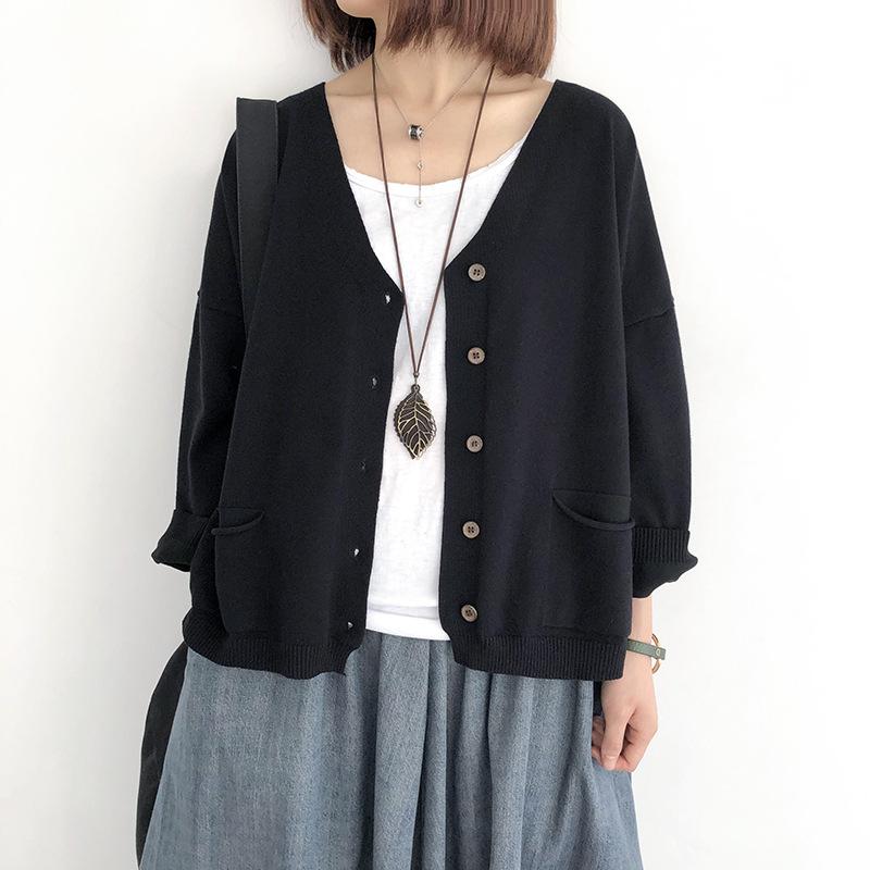 Loose Retro Knitted Cardigan Sweater Women's Thin Long-sleeved Korean V-neck Solid Color Jacket