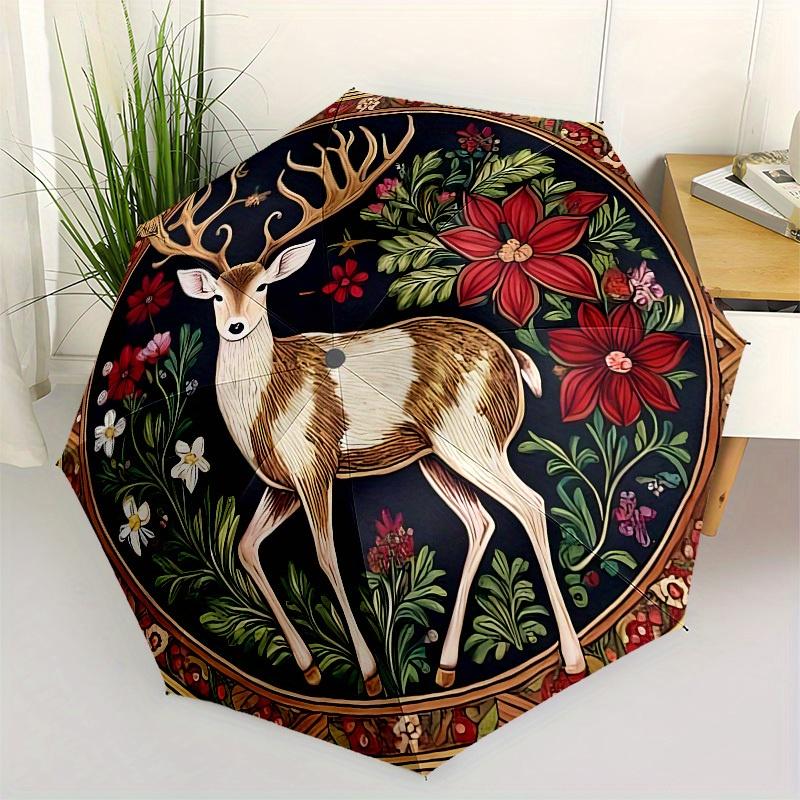 

1pc Deer with floral wreath design.Umbrella with Plastic Handle,Suitable for All Seasons Home Travel Outdoor UmbrellaB1575