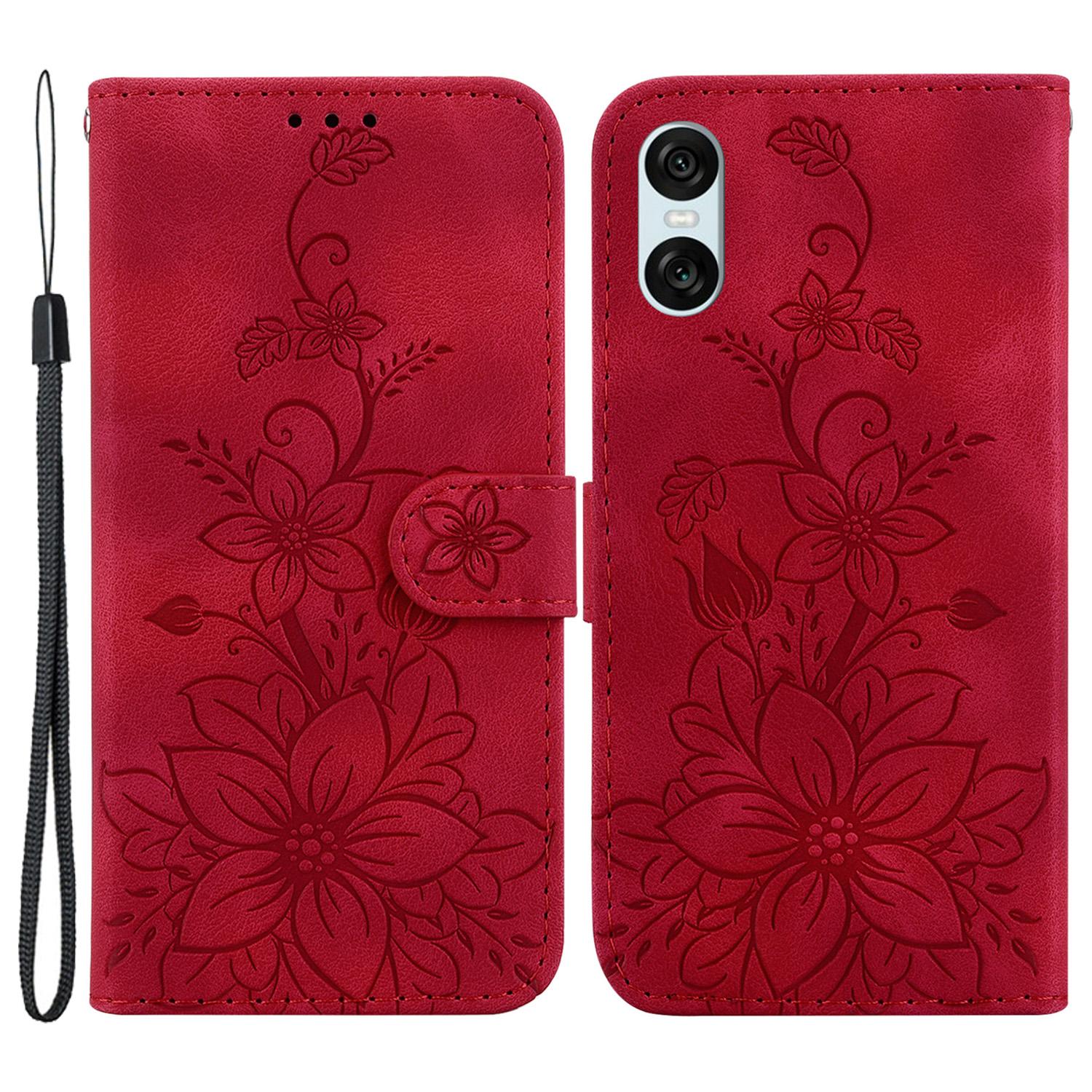 

For Sony Xperia 10 VI Case Flower Leather Flip Stand Folio Purse Phone Cover Red