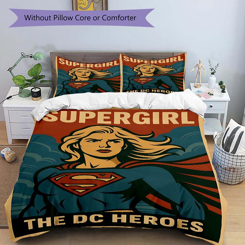 3pcs Supergirl Duvet Cover Set, 1 Duvet Cover + 2 Pillowcases (No Insert), Cozy Bedding, Bedroom Set, Easy Care, Durable yy251103084