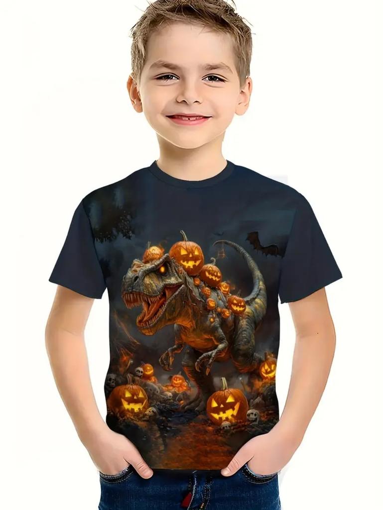 Halloween Boy's T-Shirt Pumpkin Pattern Summer Short Sleeves Skull Fashion Print Kids Tops 2-10y Party Gift Children's Clothing
