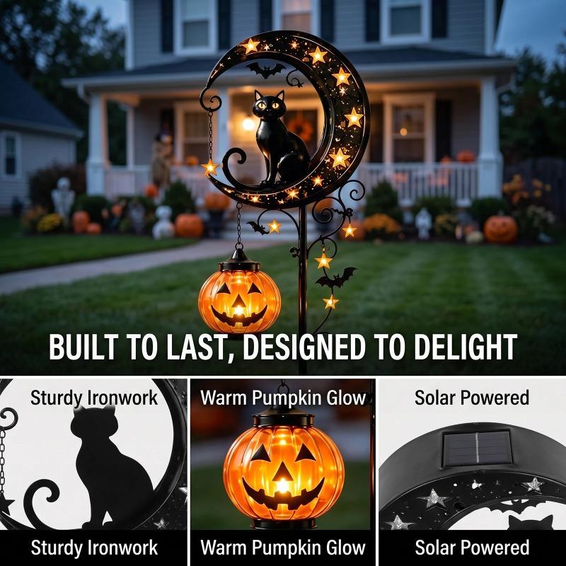 Iron Black Cat Moon Ground Lamp Waterproof Solar Garden Light Auto On/Off for Outdoor Lawns Courtyards Yards Patio Pathway Halloween Decor