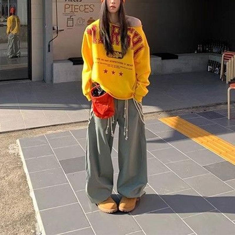 Female Clothing Letter Printed Hoodies Stylish Asymmetrical New American Retro Skew Collar Loose Off Shoulder Sweatshirts