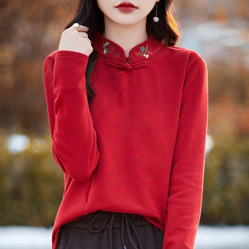 Women's Plus Size Embroidered Stand Collar Long Sleeve Warm Shirt for Autumn/Winter