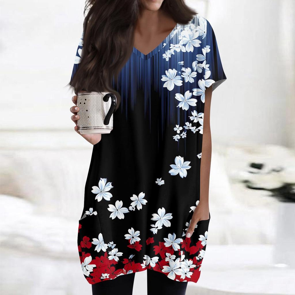 Topuri de damă cu decolteu în V Bluze cu mâneci scurte Cămăși ocazionale de lungime mijlocie Tunica cu imprimeu la modă Topuri cu buzunare