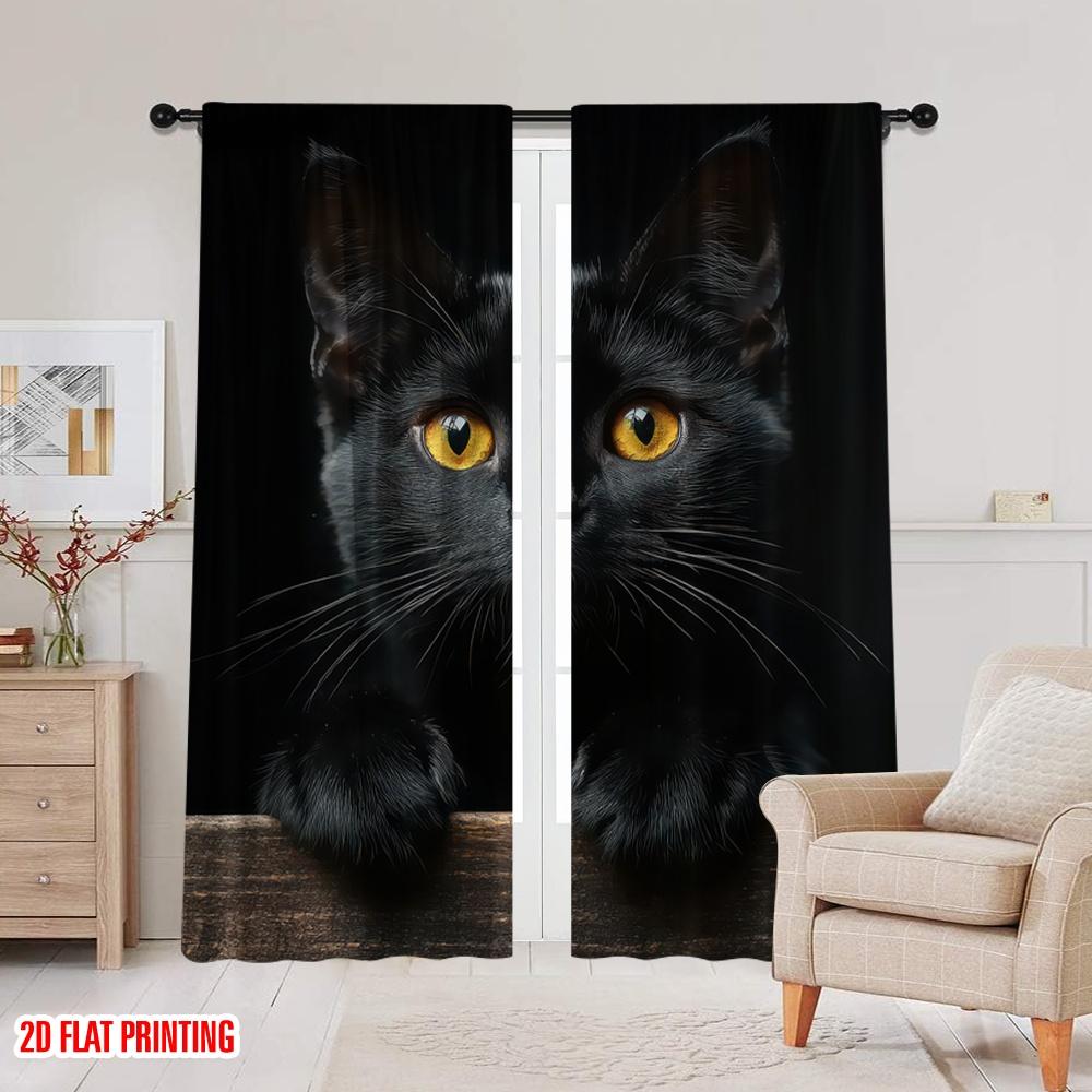2D Flat Printing 2pcs Window Curtains Black Cat Animals Versatile Polyester Fabric  Without Electricity Family Party Decoration