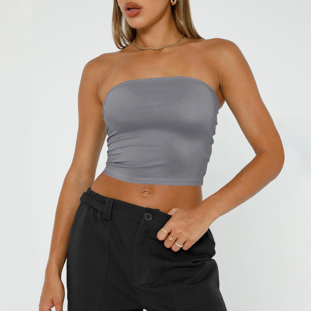 Women's Sleeveless Solid Color Women's Bandeau Tops Strapless Navel Tops Basic Backless Bandeau Cute Summer