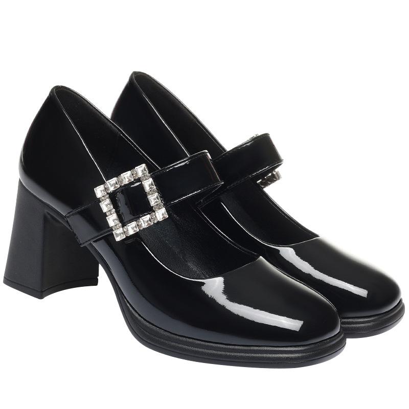 Pantofi de damă la modă stil Lolita 2024 vară pantofi Mary Jane cu toc bloc confortabili cu decor cu cataramă de cristal piele lăcuită încălțăminte dulce nou