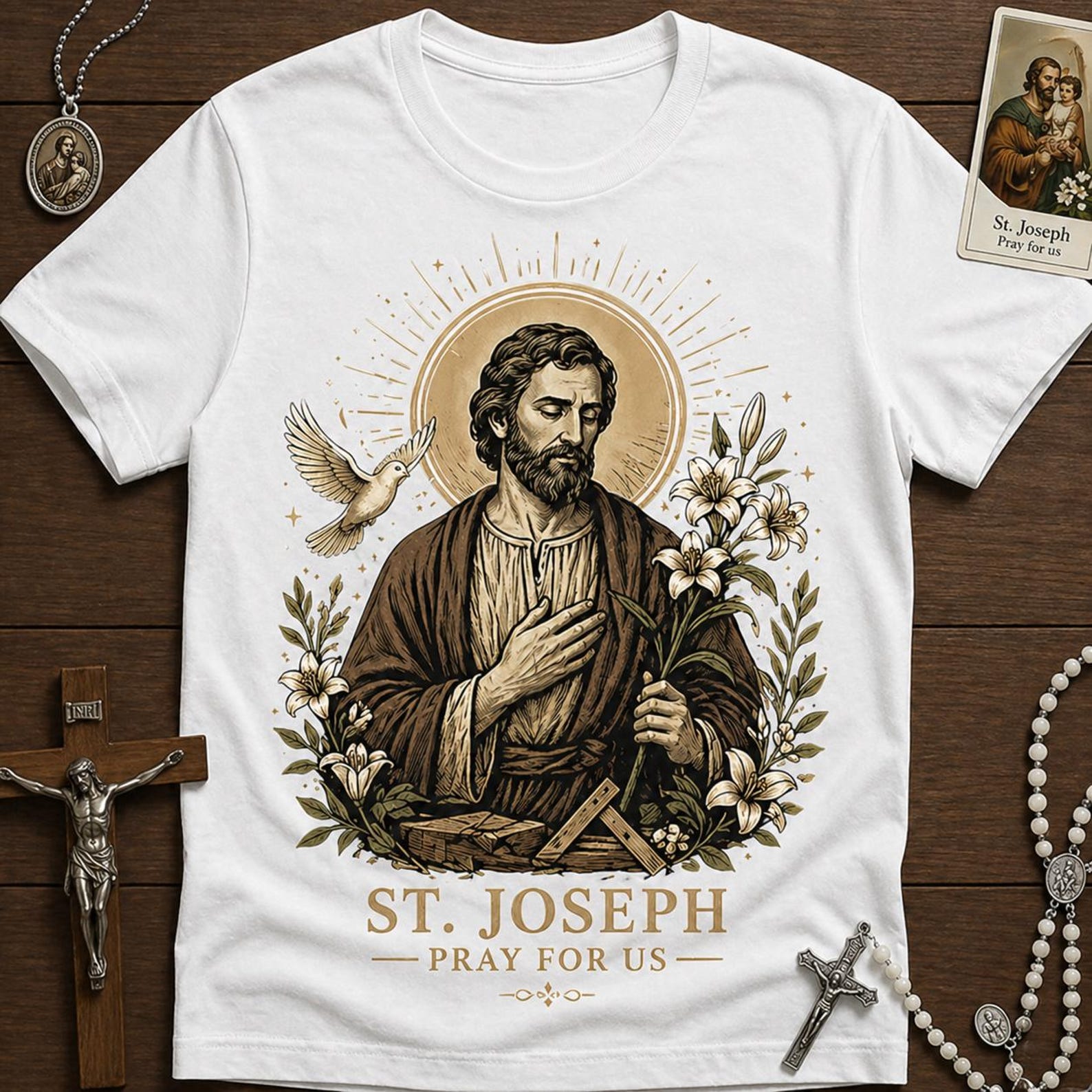 St. Joseph Pray For Us T-Shirt – Vintage Religious Graphic Tee L
