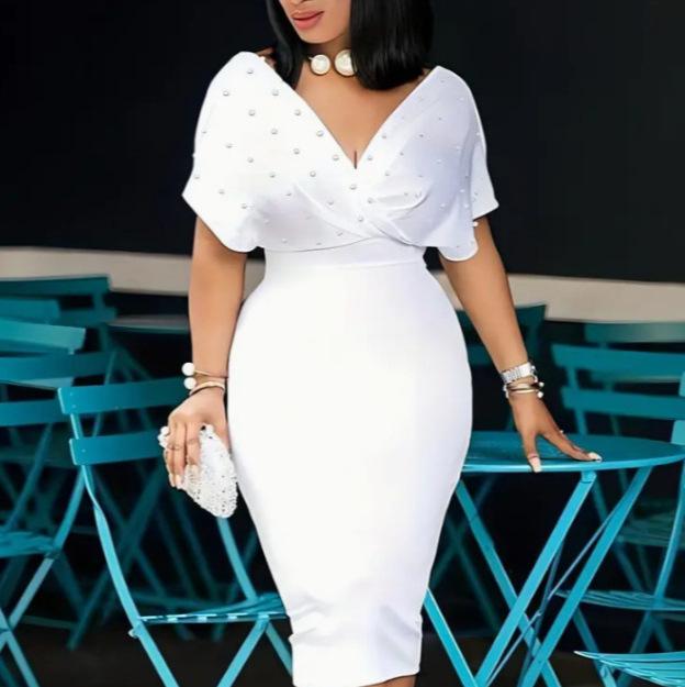 2024 Fashion Solid Color V-Neck Tube Top Dress with Bubble Beads