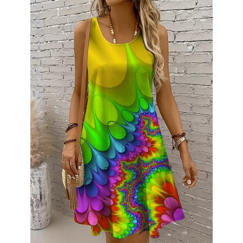 Women's Off Shoulder Ombre Abstract Print Mini Dress, Sleeveless Crew Neck A-Line Casual Spring Summer Vacation Dress