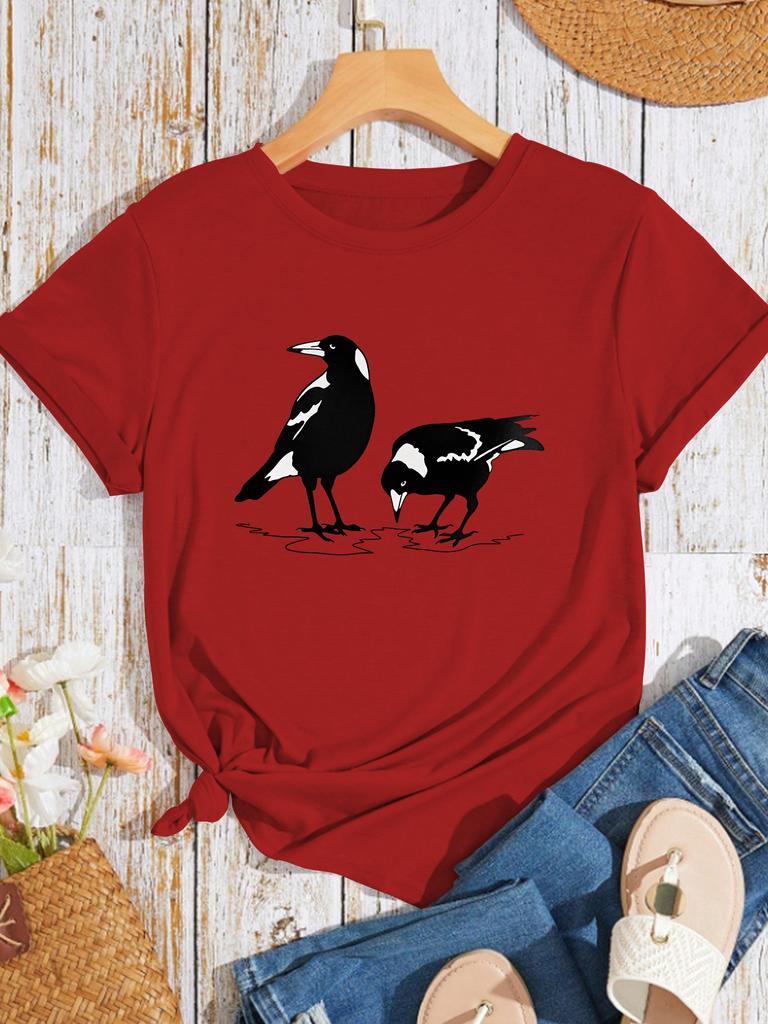 Simple And Cute Tshirt With Australian Magpie Silhouette Print Round Neck Daily Casual Womens Top Soft Round Neck Tshirt