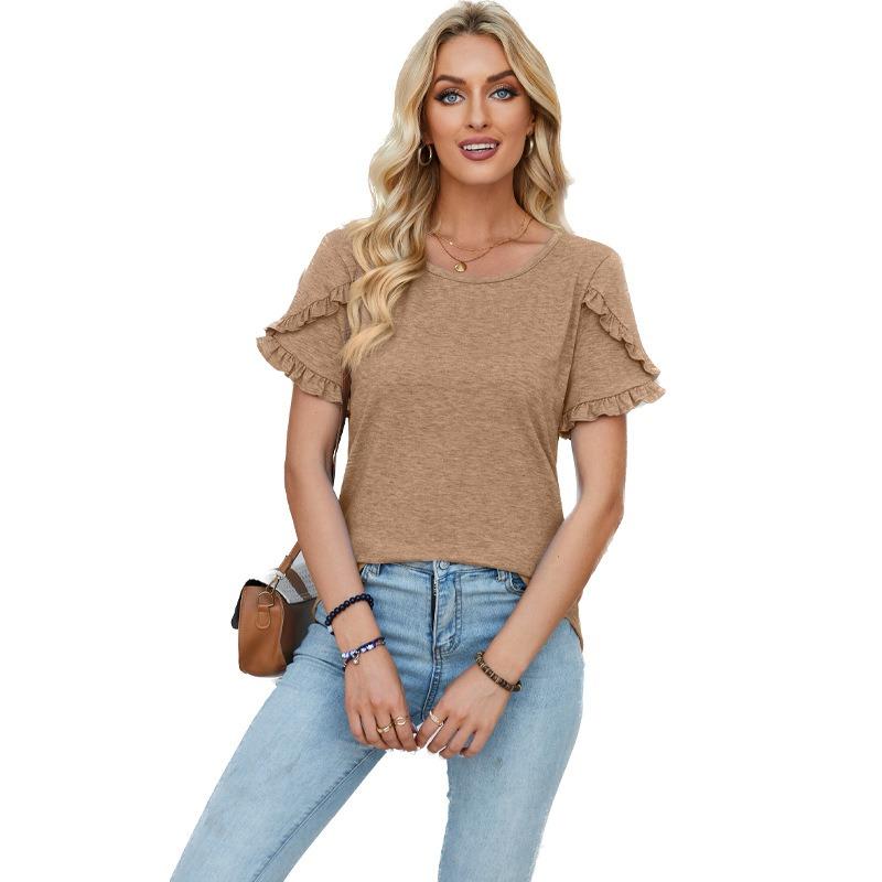 HNXC Women's Fashion Casual Solid Color Print Short Sleeve O Neck Blouses & Shirts