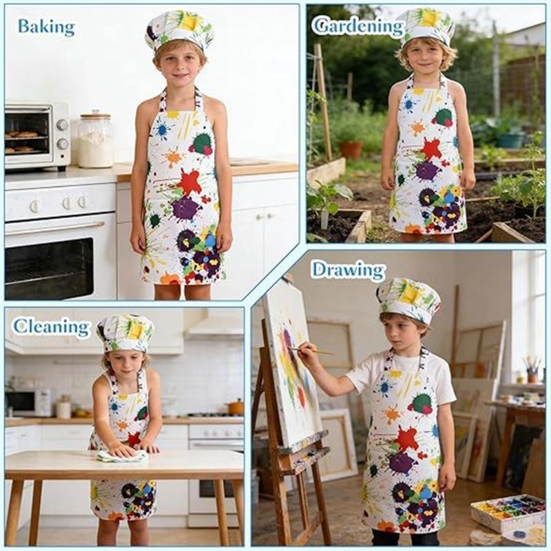 Children Art Smock And Chef Hat Set Double Layer Polyester Kitchen Art Drawing