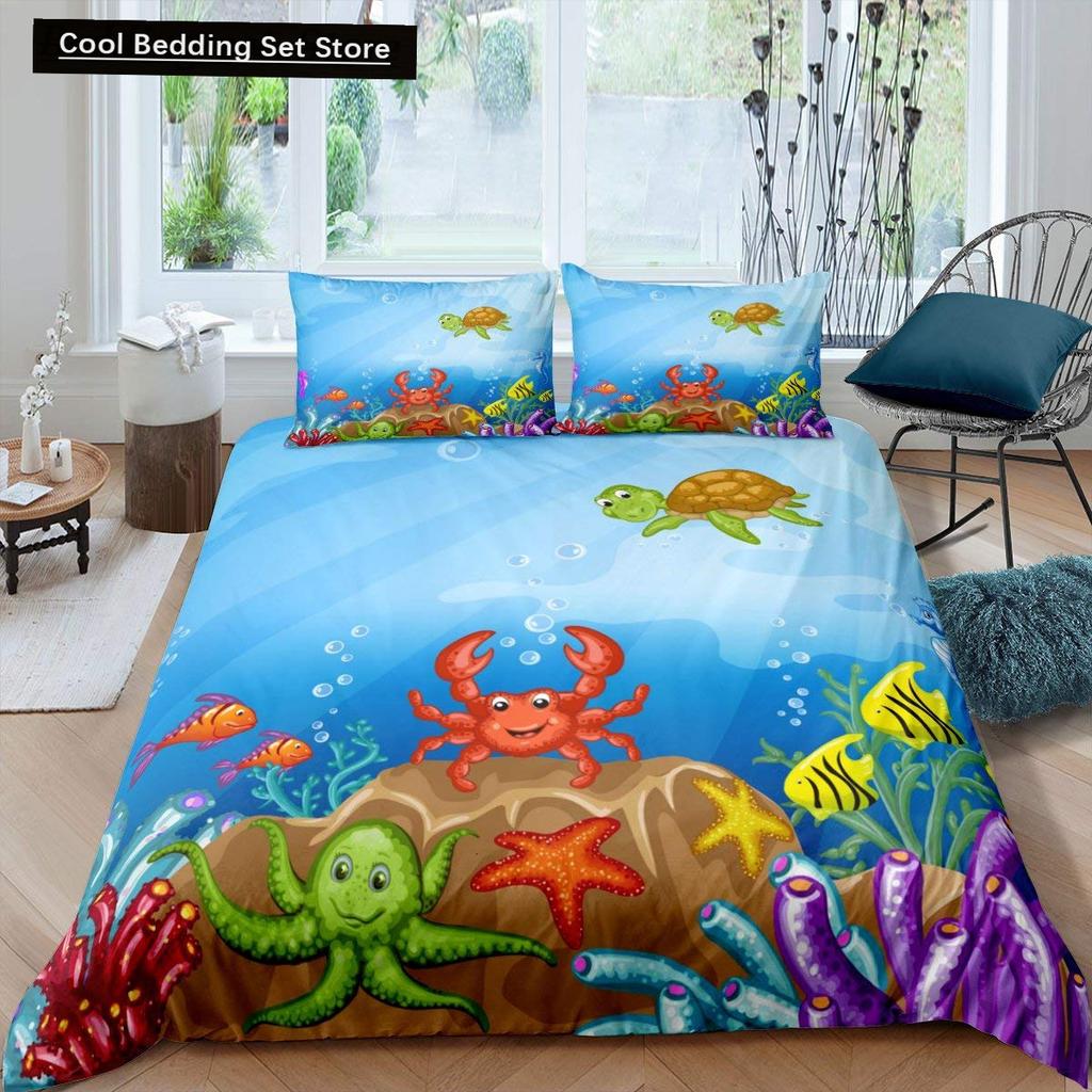 Kids Cartoon Ocean Animal King Queen Bedding Set Underwater World Duvet Cover Marine Life Quilt Cover Polyester Comforter Cover