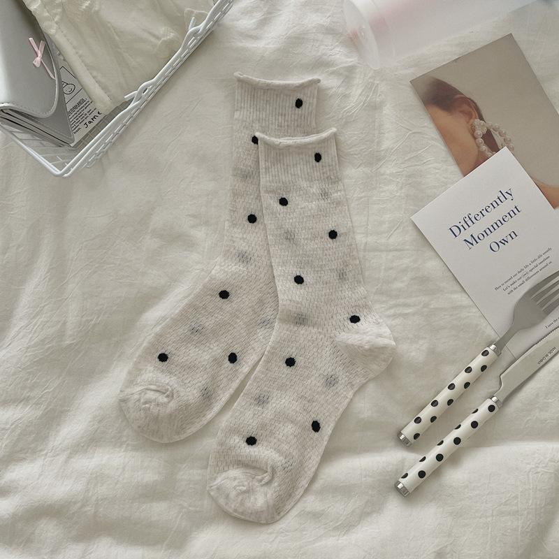 Women's Summer Thin Polka Dot Mesh Breathable Curled Mid Tube Stack Cotton Socks