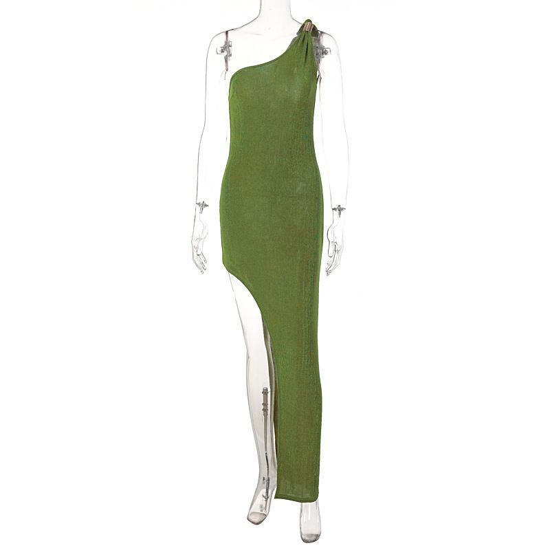 

2024 Western Style Foreign Trade Women clothes Ins Sexy Shoulder Sleeveless High Slit Dress Slim fit All-Matching Green L