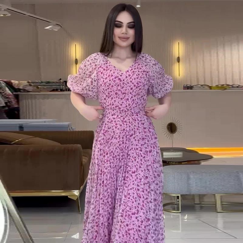 2024 Summer European and American Women's V-neck Slim Fit Pastoral Floral Dress