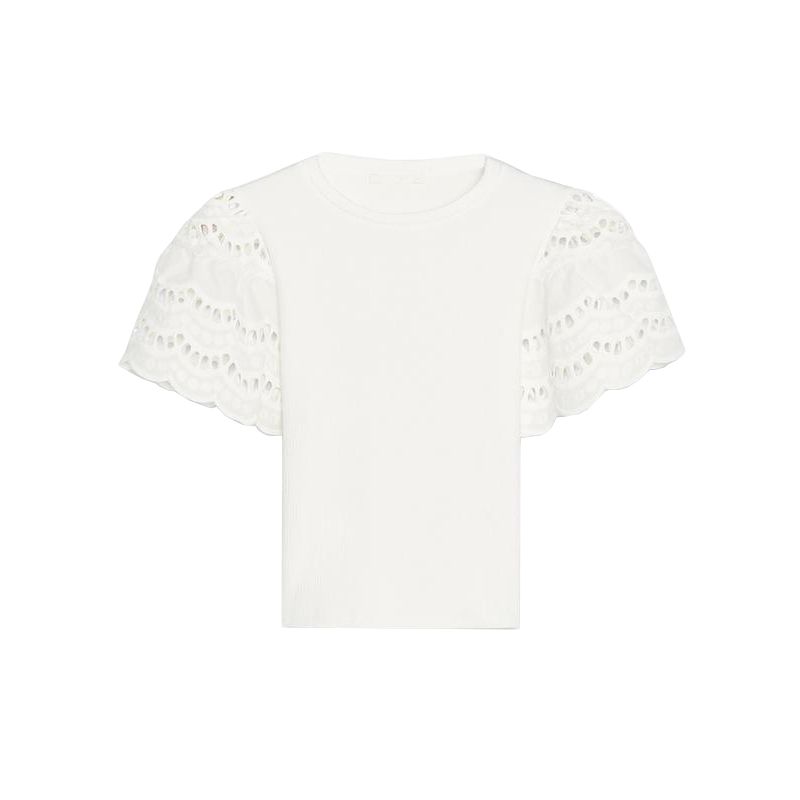 Spring and Summer New Women's Clothing Cotton Silm Straight-leg Cut Out Embroider Sleeves Crew Neck T-shirt Top 1058159