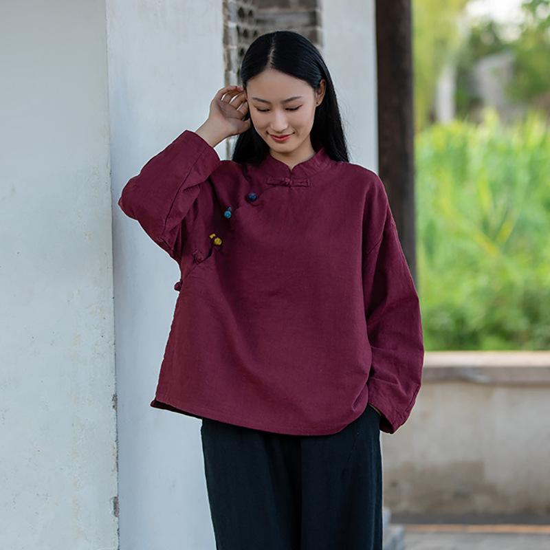 Artistic Retro Chinese Style Women's Ramie Frog Button Long Sleeve Shirt for Spring and Autumn Tea Ceremonies