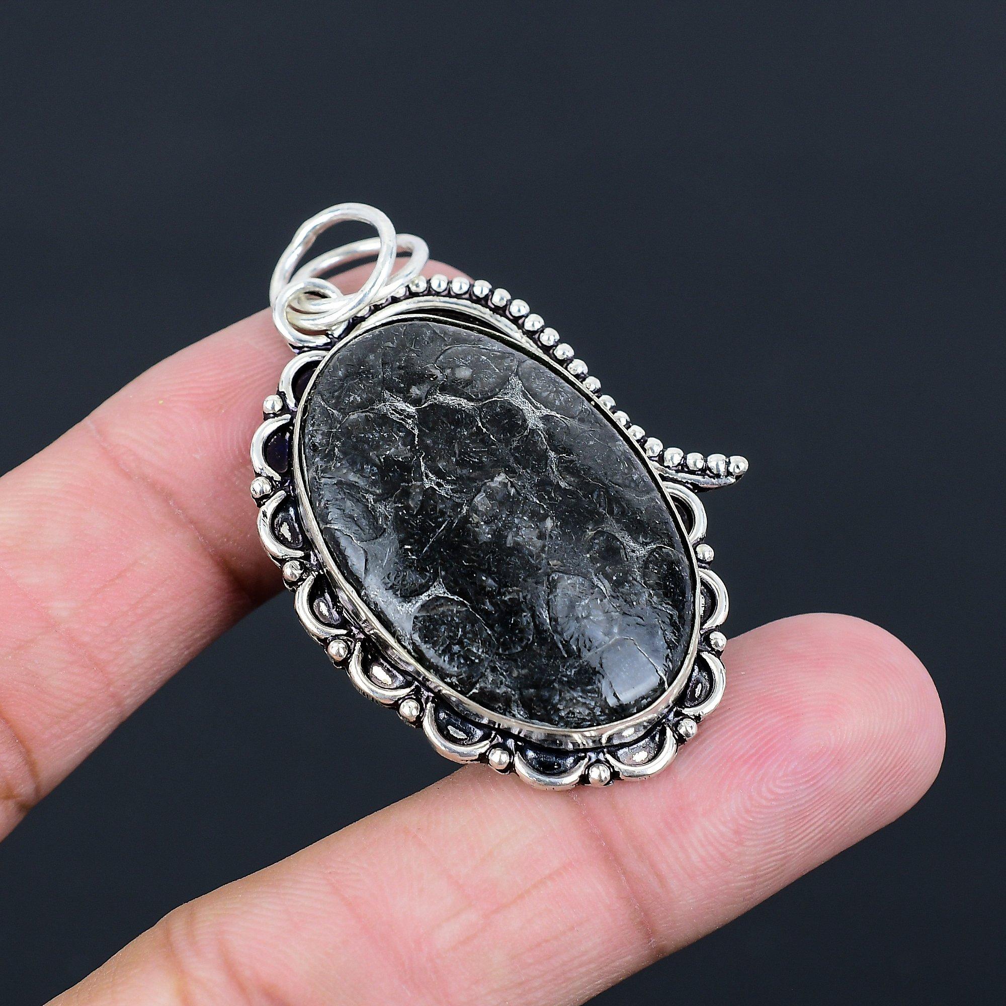 Root Chakra Natural Black Fossil Coral 925 Sterling Silver Wife Pendant Jewelry