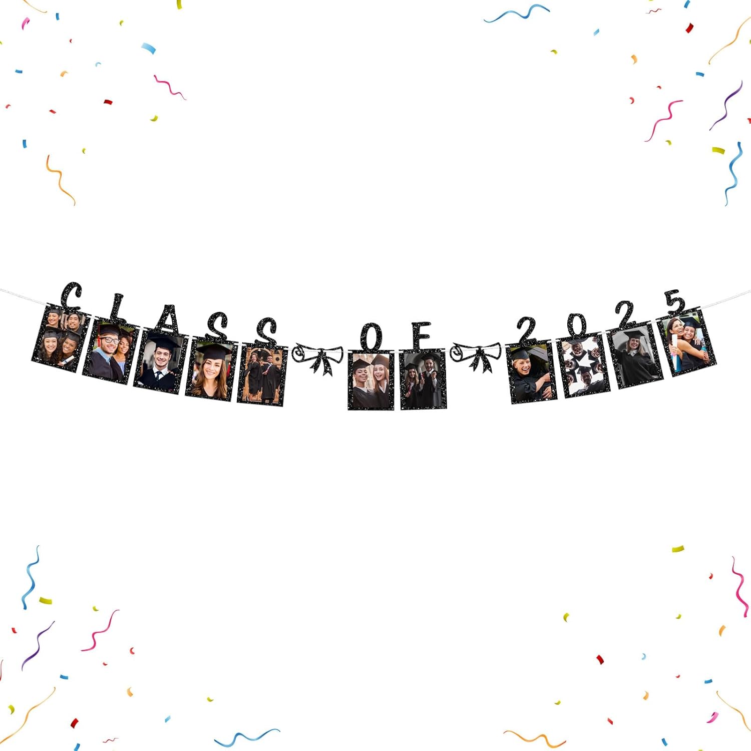Senior Photo Banner Congrats Grad Paper Photo Frame High School College Graduation Bunting Decorations Congrats Senior Picture Banner Gold Glitter Black 2025