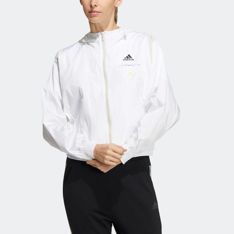 adidas Logo Print Sport Webjacke mit Kapuze Damenjacke Weiß HE9959