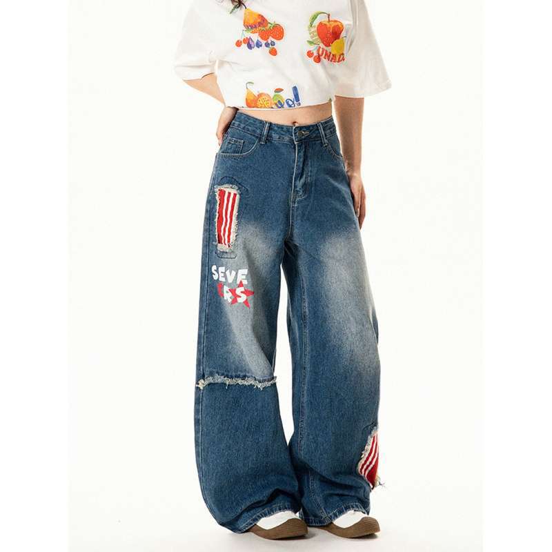JYL Men s Wide-Leg Jeans American Color Block Patch Vintage Washed Denim XL бездна