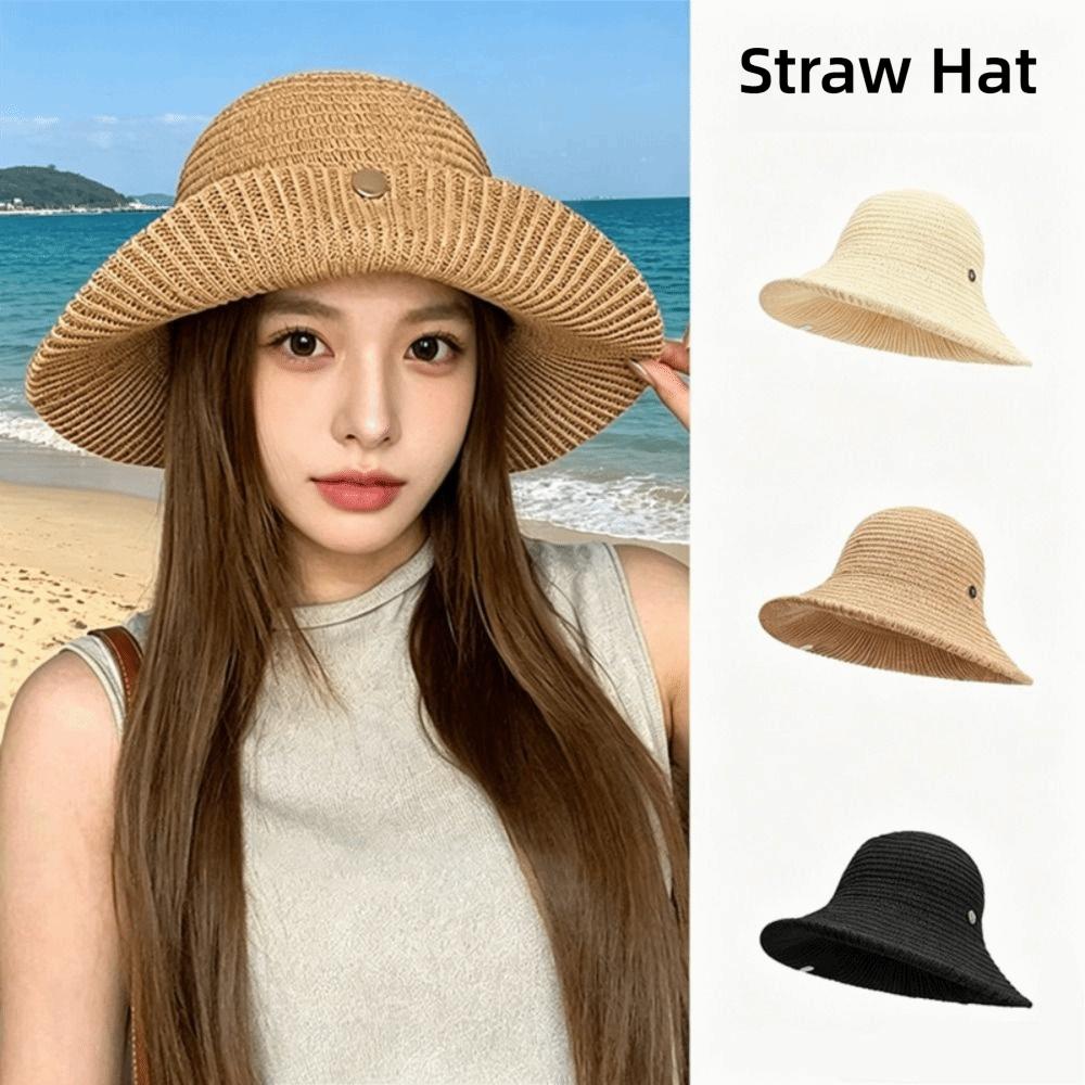 Magnetic Buckle Wide Brim Bucket Hat Thin Straw Female Sunshade Visors Summer Outing