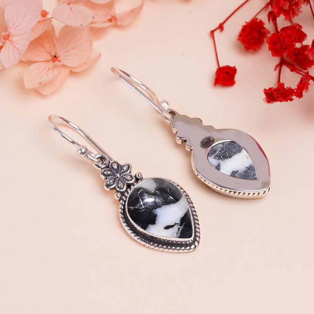 White Buffalo Turquoise - Nevada 925 Sterling Silver Earring V9632, Black & White Earring, Pear Earring, Valentin's Day Gift, Gift For Her, Birthday G