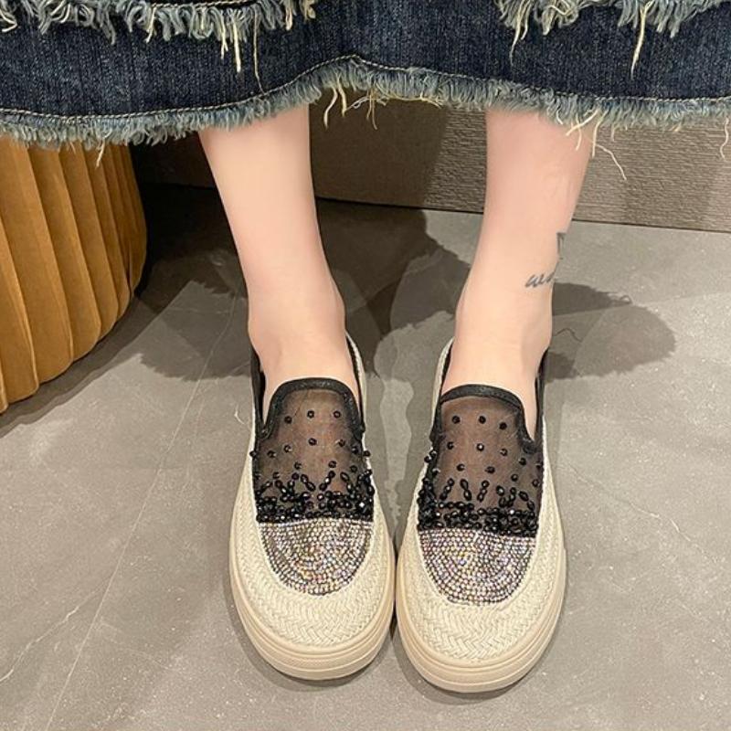 Lace Mesh Breathable Shoes for Women Summer Daily Routine Korean Designer Luxury Rhinestone Slip On Casual Light Woman Footwear