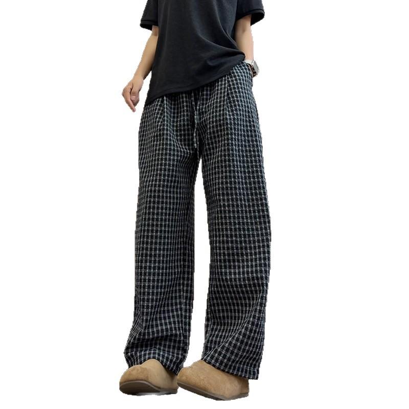 Summer new seersucker plaid casual pants thin breathable refreshing drape floor pants loose wide-leg long pants