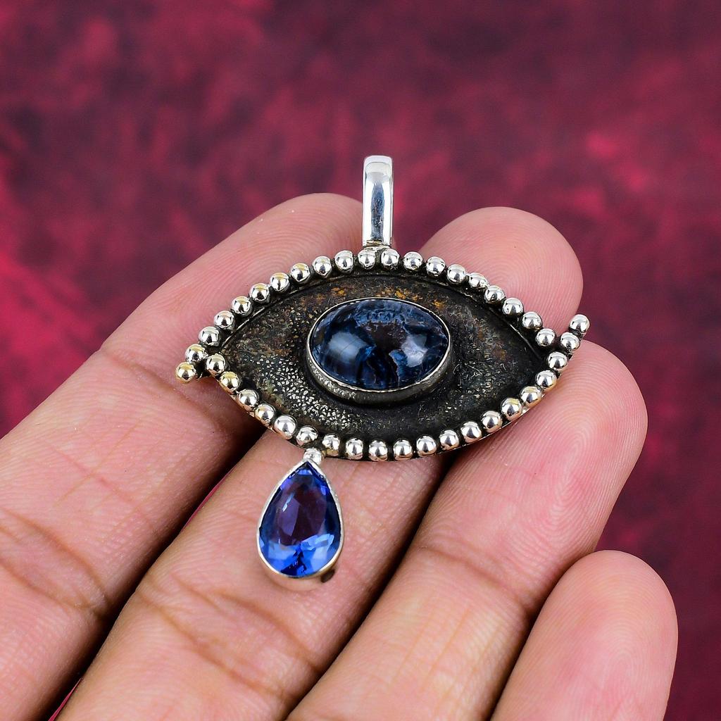 Pietersit, Tansanit Handgefertigter Edelsteinanhänger, 925 Sterlingsilberanhänger Antikschmuck, Anhänger für Verlobungsgeschenk