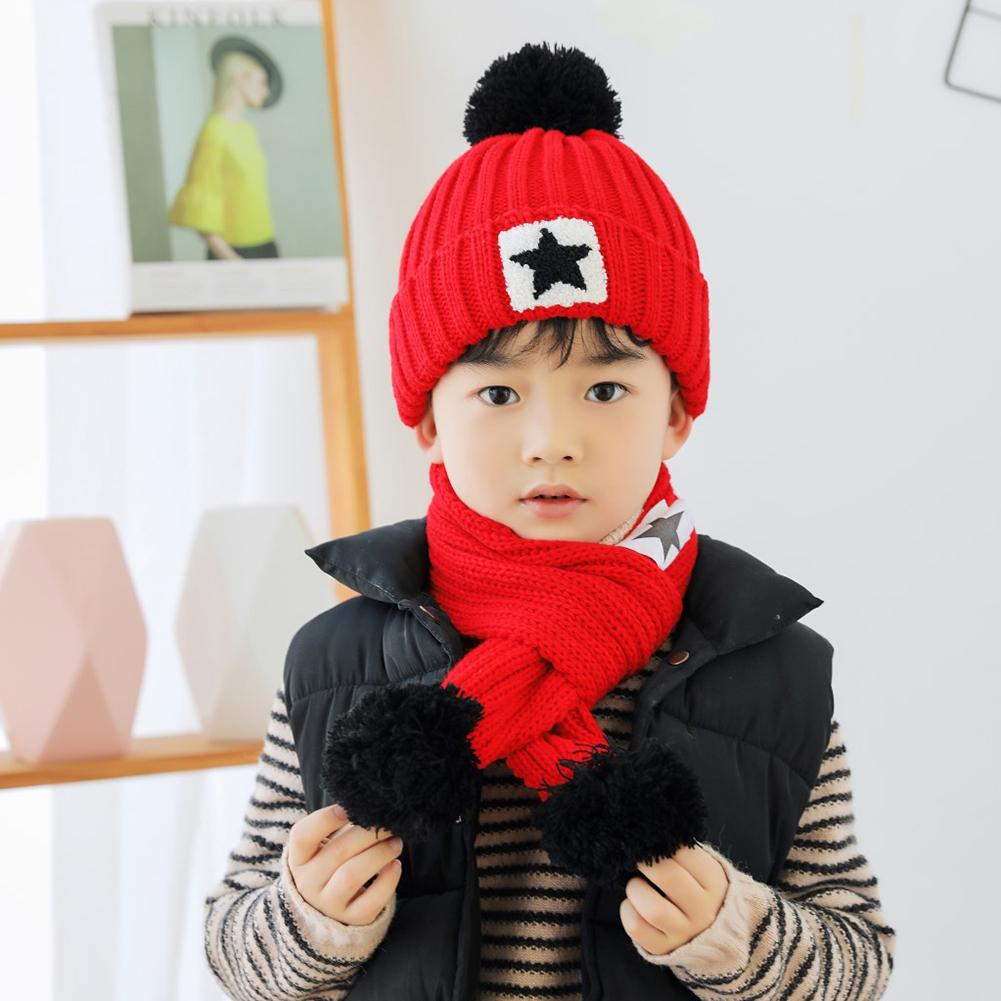 2Pcs/set Kid Knitting Hat Beanie + Long Scarf Thicken Velvet Cute Star Winter Warm Set