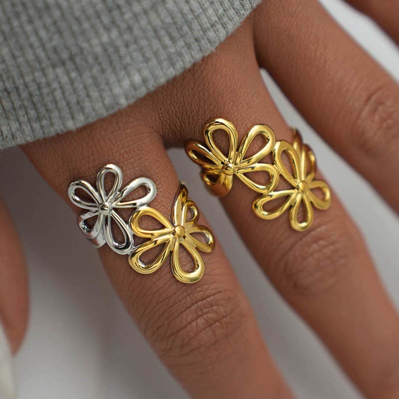 Stainless Steel Metal Hollow Flower Open Ring For Women Minimalist Gold Color Irregular Geometric Adjustable Finger Ring Jewelry