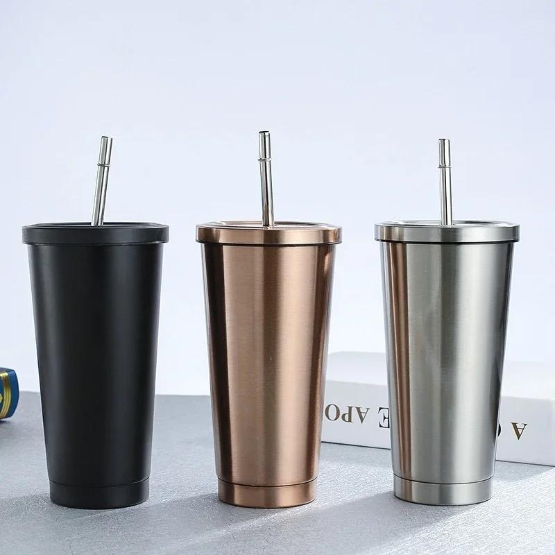 1pcs Stainless Steel Coffee Mug with Straw Lid Portable Coffee Cup Drinking Beer Milk Water Cup Restaurant Bar Party