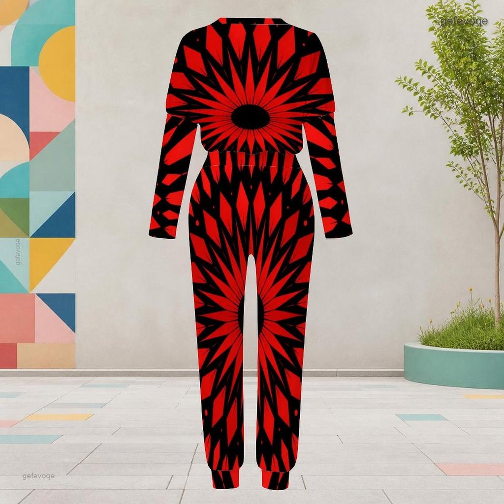 Women Plus Size Round Neck Long Sleeve Printed Two Piece Set Cuffed Top Cuffed Pants With Pockets