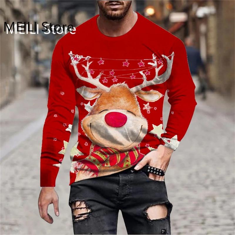 Men's T-Shirts Christmas Funny Reindeer Print Tees Casual Streetwear Long Sleeve T Shirt Pullover Harajuku Top Men Clothing