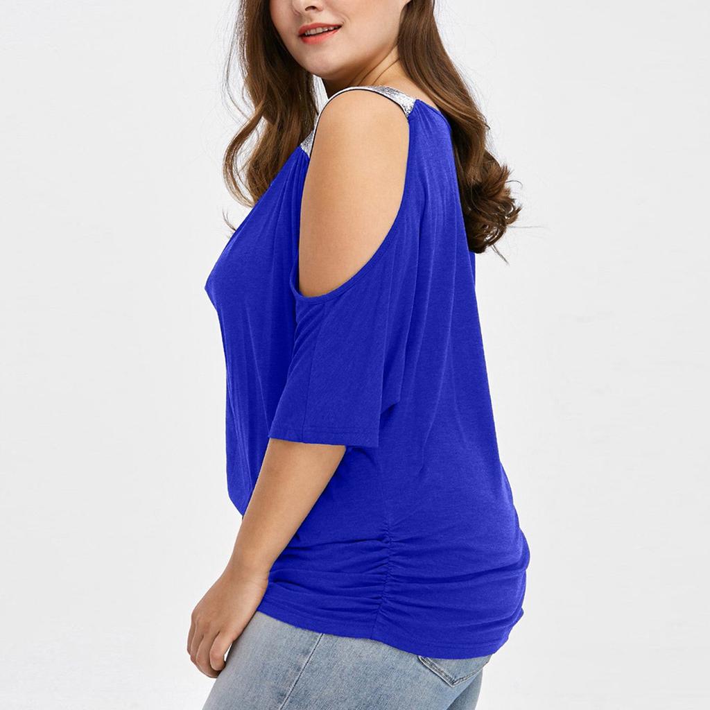 Plus Size Women Cold Shoulder Loose Casual Short Sleeve Shirt Tops Blouse Tops
