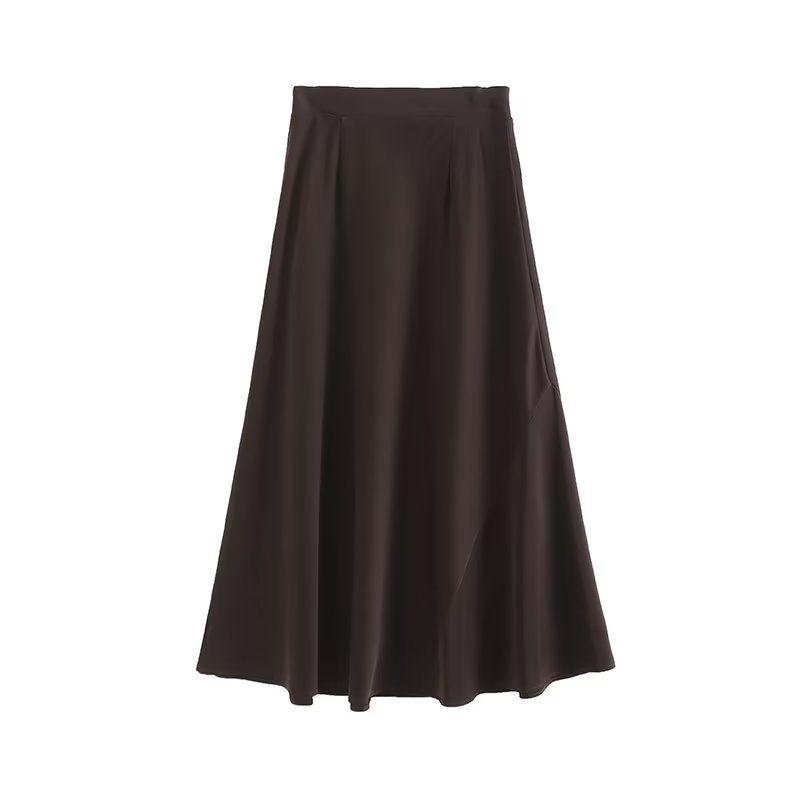 

MD Early Autumn New Arrival Fancy Elegant Graceful Draping Satin Rib Waist Midi Skirt 5206623 Chocolate color L