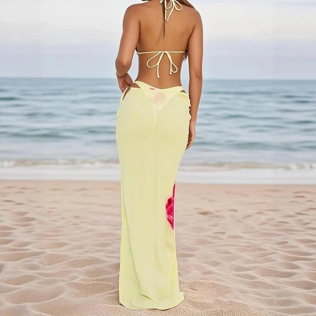 2025 Europäischer & Amerikanischer Print Rückenfreier Neckholder Bikini - Sexy Split Urlaubsbademode für Damen