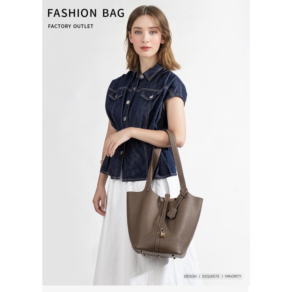 Large High-quality Leather Shoulder Vegetable Basket Bag, First-layer Cowhide, High-end Exquisite Portable Bucket Bag, Women's Bag.
