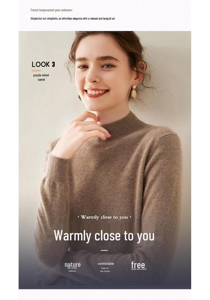 Women's Half-High Neck Cashmere Sweater - Solid Color Inner Layer Pullover